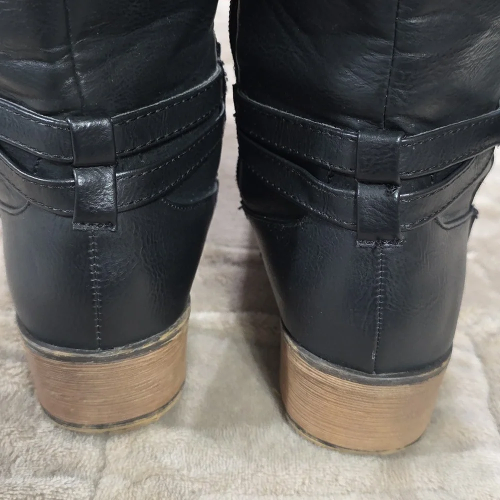 Kenneth Cole Downtown Straps Girls Tall Boots Black Zips Buckle Accents Sz 4 EUC